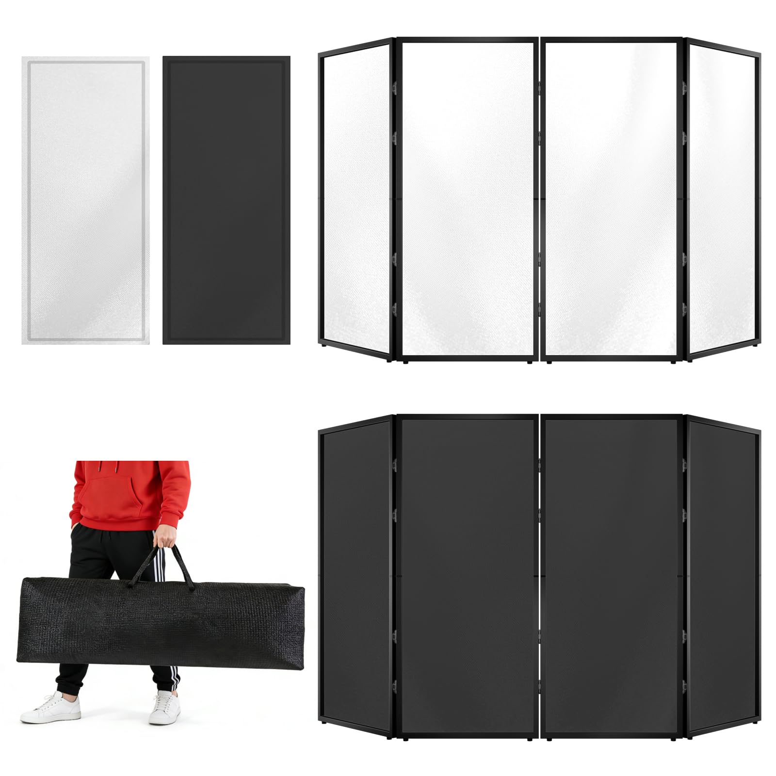 Photo 1 of NULTRUMA Portable DJ Facade Booth with Foldable Cover Screen, Black Steel Frame & 4 Detachable Panels, Includes White/Black Projector Display Scrims, 48"x42" DJ Table Stand for Events, Parties, Shows