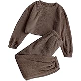 ZAFUL Women's Fuzzy Lounge Casual Pajamas Sets Long Sleeve Fleece Pullover and Pants Set 2 Piece Fluffy Loungewear Sleepwear