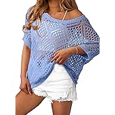Dokotoo Women's Crochet Cover Up Tops Summer Short Sleeve Off Shoulder Sweater Shirts Beach Swimsuit Coverup