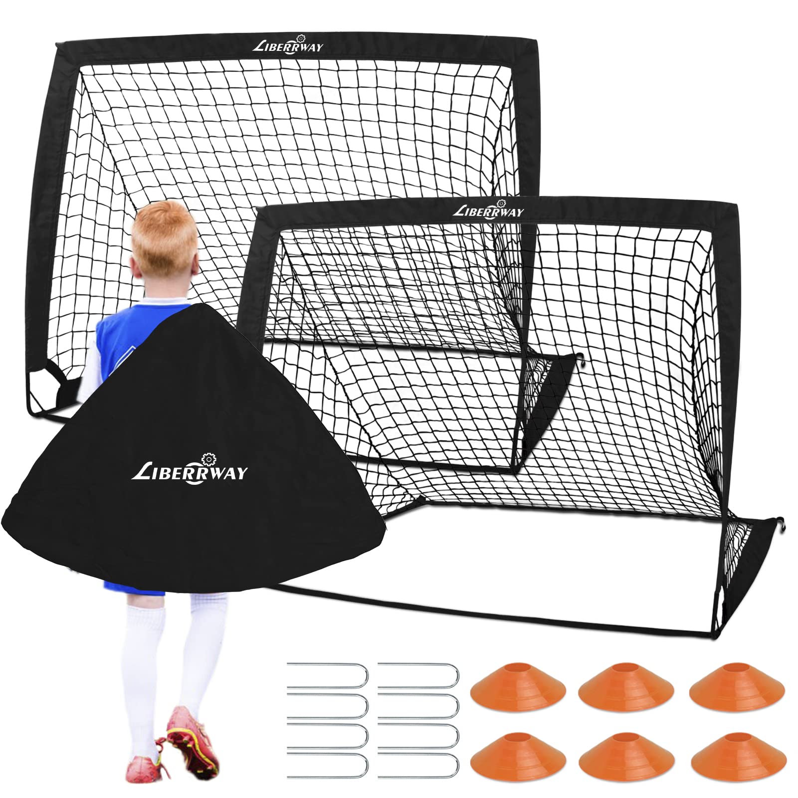 LIBERRWAY Black Football Goals for Kids, 4'x3' Foldable Net Set of 2 Posts with 6 Cones, 8 U-Shaped Steel Nails and Carry Bag, Football Training Equipment for Garden