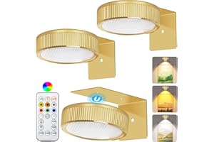 SIXDEFLY RGB Magnetic Suction Spotlight - Battery-Powered, Wireless, Remote Control with Adjustable Timer for Art Displays and Galleries 3 Pack Gold