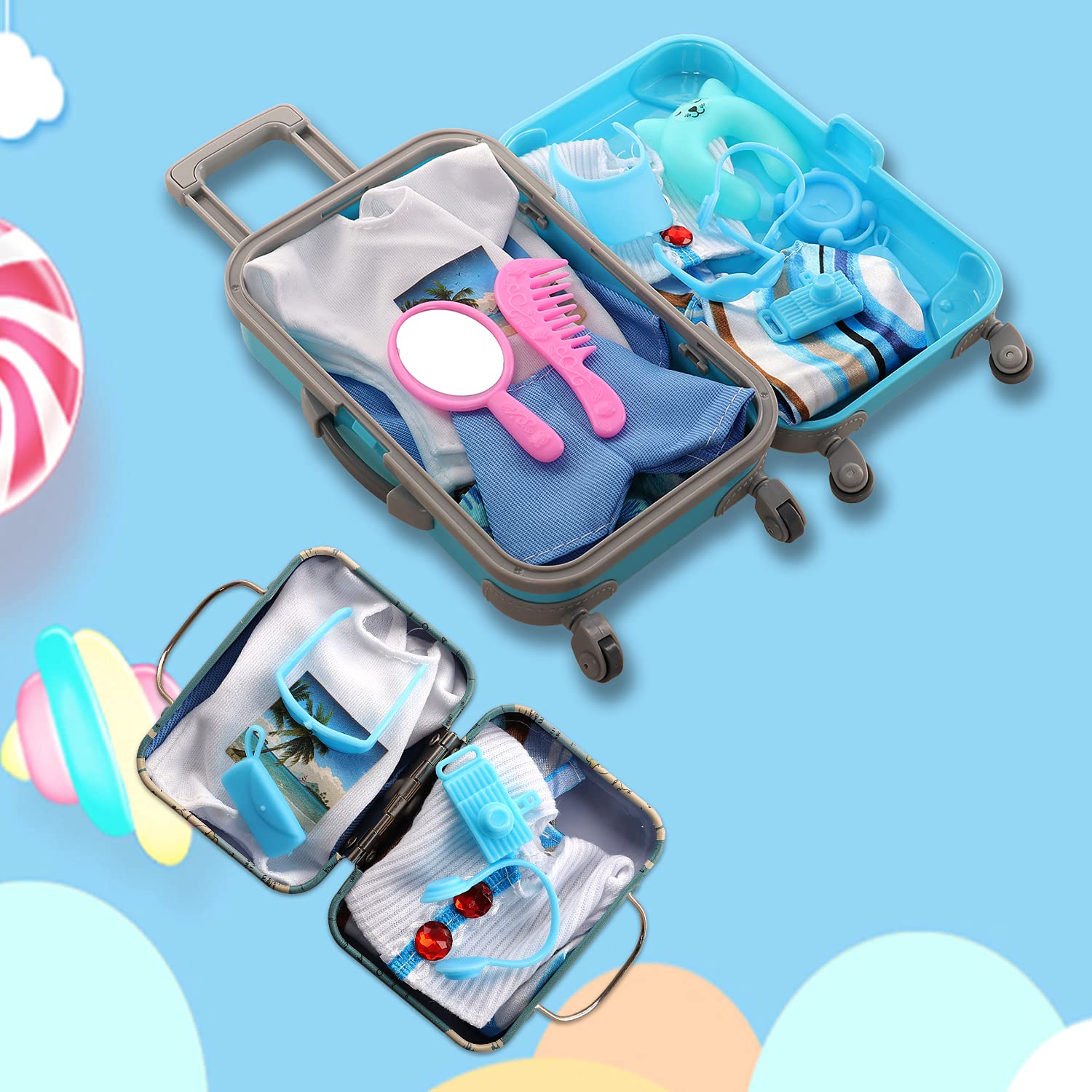Miunana 29pcs Doll Travel Clothes and Accessories Blue Trunk Suitcase 2 Girl Clothes 1 Boy Doll Clothes 8 Life Accessories 12 Wash Accessories Telescope Sunglasses