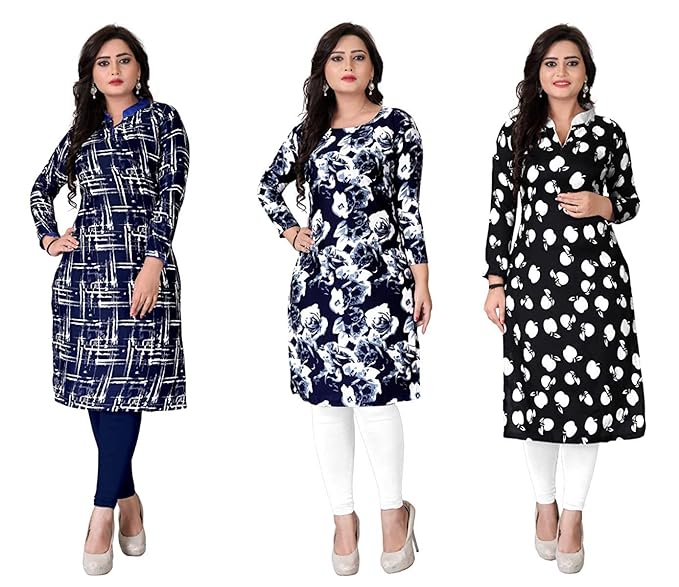 Women's A-Line Crepe Printed Semi-Stitched Kurti Material (1023,25,38., Multicolour, Free Size) - Pack of 3