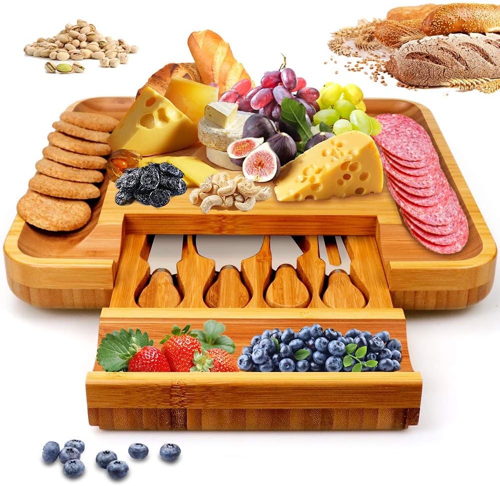 Bamboo Cheese Board Set with Cutlery in Slide Wooden Charcuterie Tray Platter Out Drawer Including 4 Stainless Steel Knife and Serving Utensils,Gift Idea for Birthdays, Wedding Registry, Housewarming