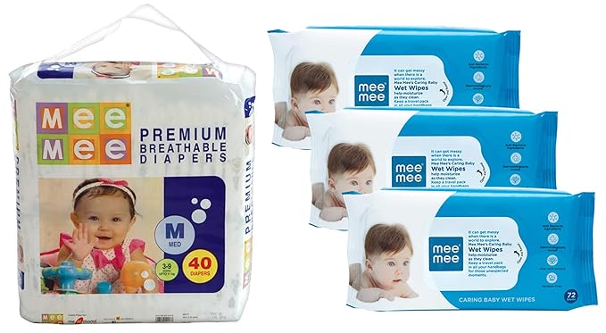 Mee Mee Premium Diapers, Medium, 40 Count & Caring Baby Wet Wipes with Aloe Vera (72 pcs/Pack) (Pack of 3) Combo