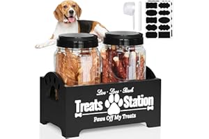 Y&ME YM Dog Treat Container Dog Food Container for Dog Food Storage, Farmhouse Cat Food Container Pet Food Storage Organizer, Wood Dog Treat Holder with 2 Plastic Cat Dog Treat Jars, Black Cat Treat Container