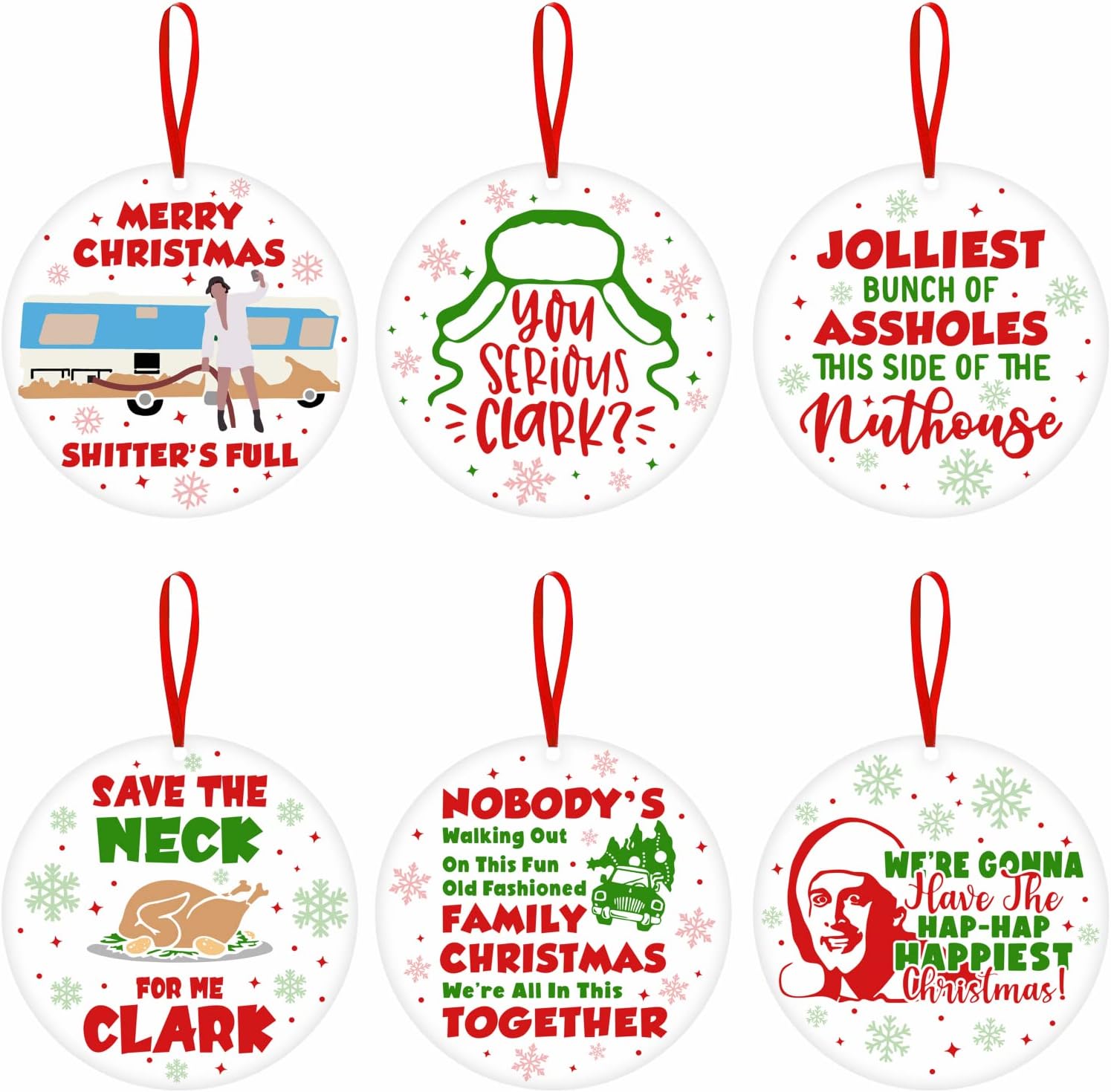 Ornaments - National Lampoon's Christmas Vacation Gift, 6 Pcs Funny Ceramic Christmas Ornaments, Griswold Family Cousin Eddie Christmas Vacation Merchandise, Cute Christmas Home Decorations, Novelty Xmas Gifts