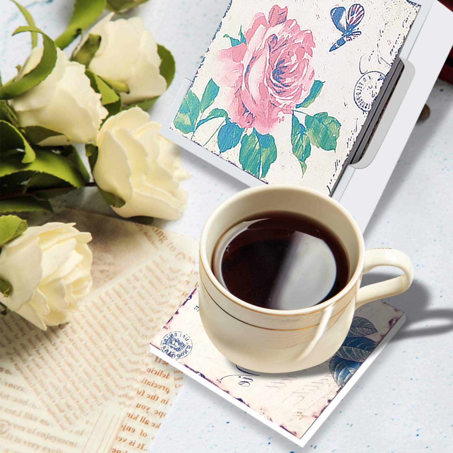 LoveHome Decor Coaster for Drinks,6 PCS,Retro Floral Wooden Coasters Set with Holder, Heat-Resistant Reusable Saucers for Cold Drinks Wine Glasses Plants Cups & Mugs