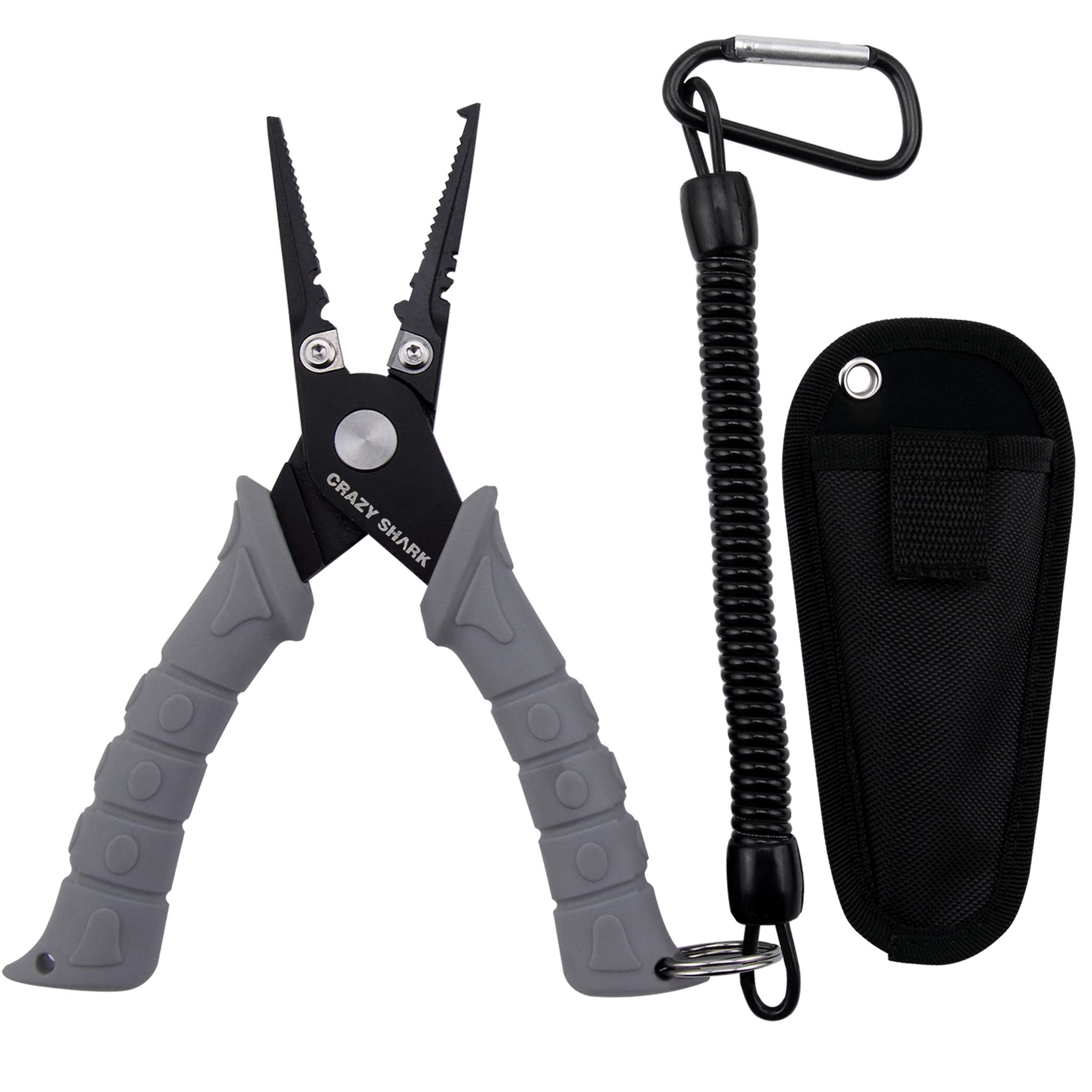 CRAZY SHARK 6" Fishing Pliers, Stainless Steel Fishing Tools, Saltwater Resistant Fishing Gear, Tungsten Carbide Cutters, Split Ring Pliers, Hook Remover with Coiled Lanyard and Sheath