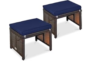 Best Choice Products Set of 2 Wicker Ottomans, Multipurpose Outdoor Furniture for Patio, Backyard, Additional Seating, Footrest, Side Table w/Removable Cushions, Steel Frame - Navy/Brown