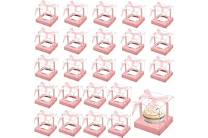 SINGOMON 24PCS Small Gift Boxes Individual Cupcake Boxes with Pink Ribbons Individual Cupcake Container with Pink Cupcake Boa