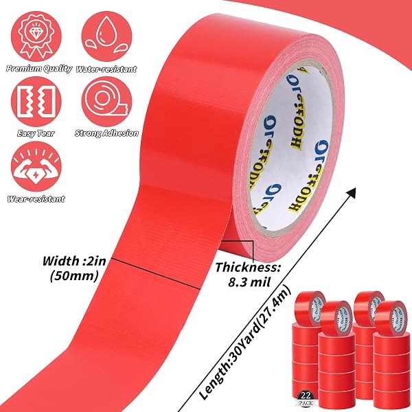 OLEITODH 22 PACK RED DUCT TAPE HEAVY DUTY,8.3 MIL THICKNESS,2 INCHES X 30 YARDS,STRONG INDUSTRIAL STRENGTH,FLEXIBLE,NO RESIDUE,WATERPROOF AND TEAR BY HAND,MULTI-USE FOR INDOOR & OUTDOOR REPAIRS
