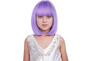 DUDUWIG Girls Purple Bob Wig Child Bob Wig Lavender Wigs Kids Short Straight Wig Purple Bob Wig with Bangs Hairnet Include