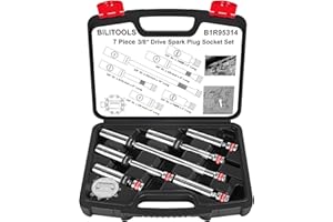 BILITOOLS 7 Piece Magnetic Swivel Spark Plug Socket Set with Gap Tool, 3/8-Inch Drive, 9/16'', 5/8'', 14mm, 16mm, 6 & 12 Point, CR-V