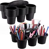 6 Pack 6 Cup Caddy for Classroom Plastic Round Desk Table Caddy, Black | Cup Crayon Pen Holder with Handle, Storage Art Caddies Table Organizer for Drink Delivery Pencil Pen School Office Art Craft