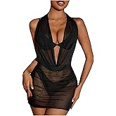 RoseSeek Women's Draped Halter Sheer Mesh Beach Dresses Backless Sleeveless Mini Swimsuit Cover Up Beachwear