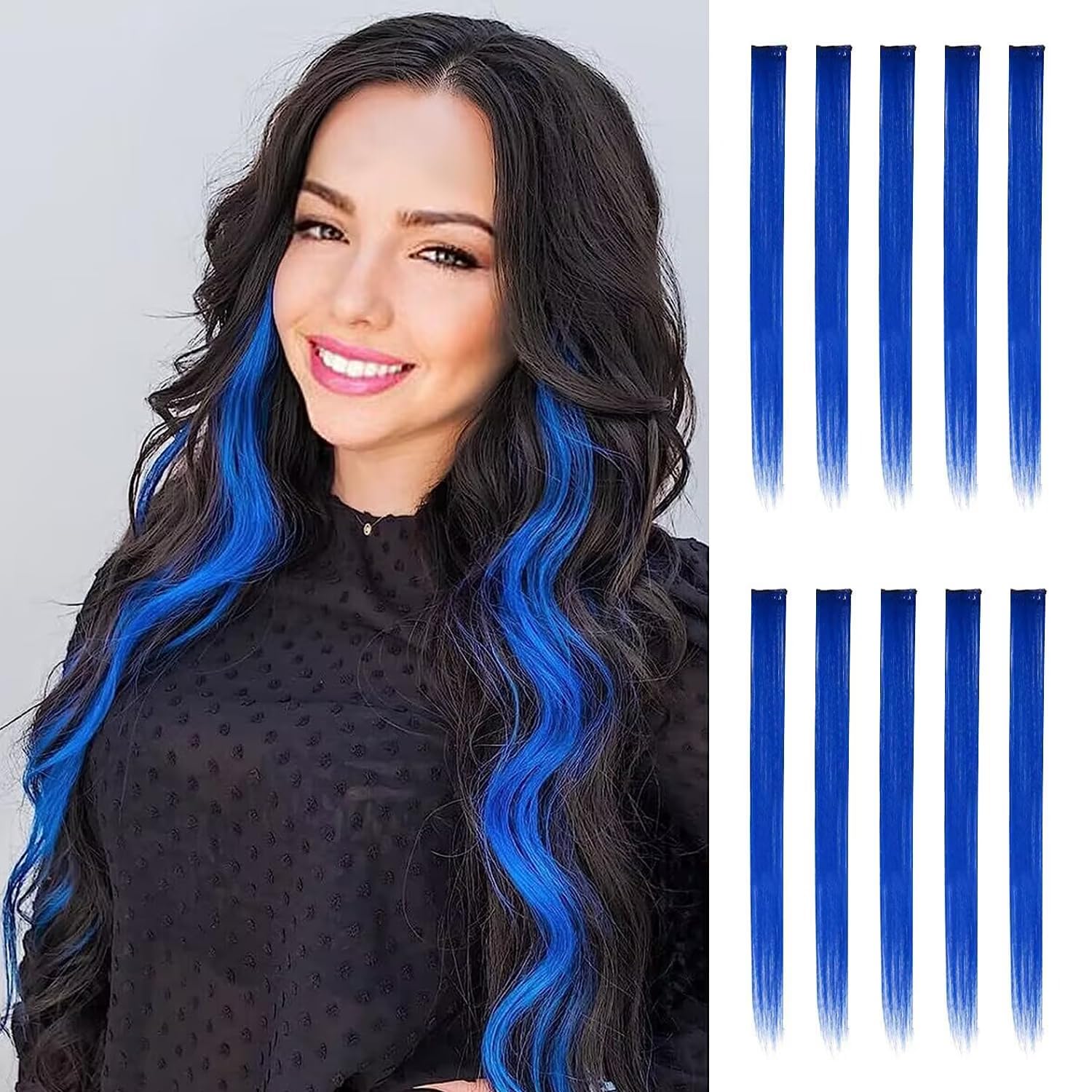 FESHFEN Colored Hair Extensions, 10 PCS Dark Blue Hairpiecess for Women Highlight Colorful Straight Clip in Hair Extensions for Daily Party Hair Pieces, 22 inch โ image 1