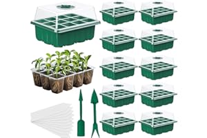 Seed Trays, 10 Pack Plant Seed Starter Tray with Humidity Domes, 120 Cells Total + Planting Tools & Labels, Reusable Indoor S