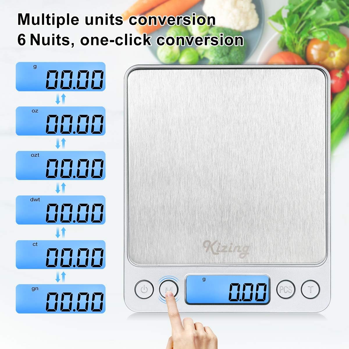 Kizing Digital Kitchen Scale, 500g/0.01g Small Pocket Jewelry Scale, Cooking Food Scale with Backlit LCD Display, Food Scales Digital Weight Gram and Oz, Stainless Steel, Battery Included, Silver: Kitchen & Dining