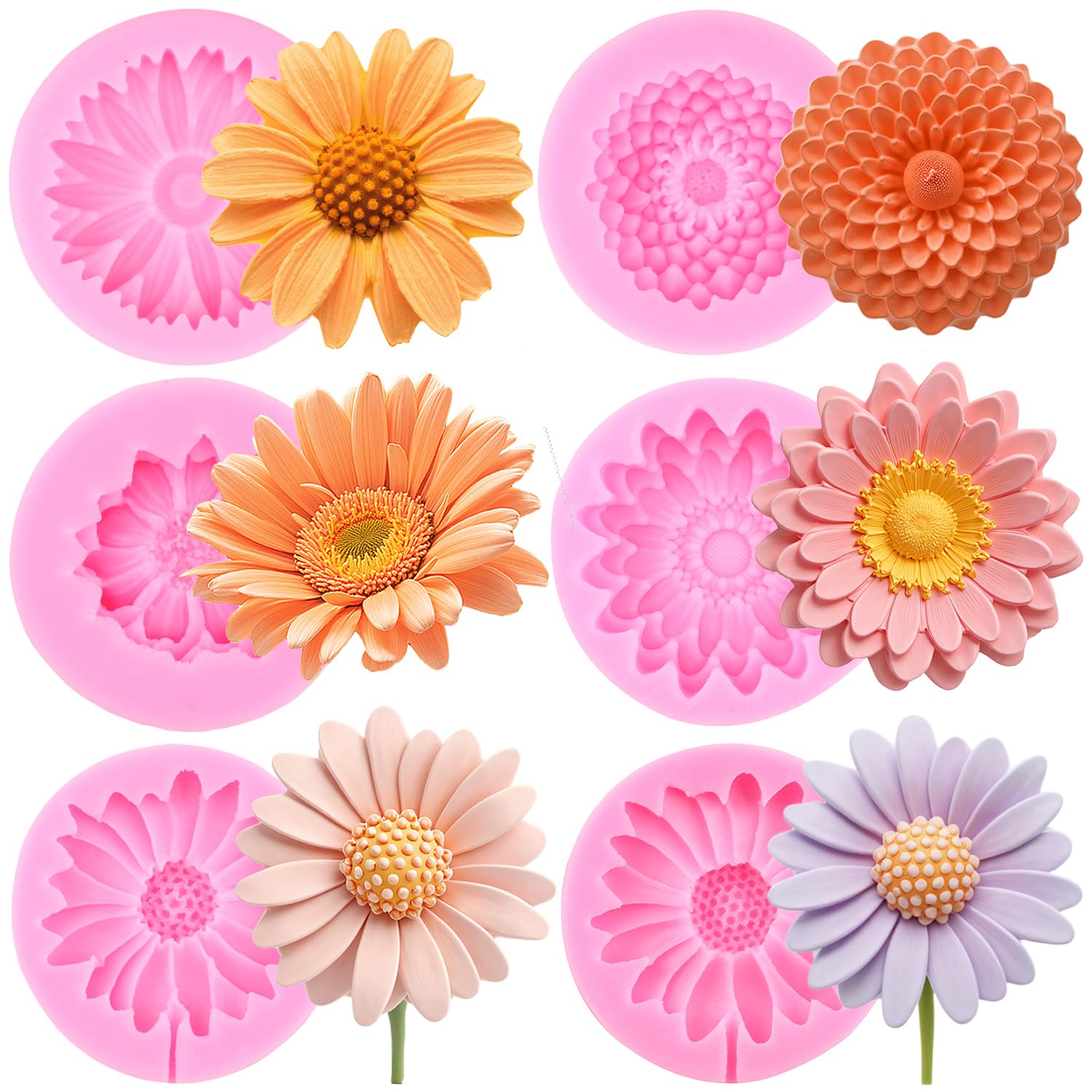 RFGHAC Chrysanthemum Flower Daisy Flower Silicone Mould for Cake Decorating Candy Gum Paste Polymer Clay Set of 6