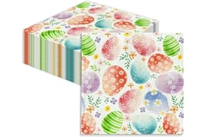 40 Count Easter Egg Napkins 6.5x6.5 Colorful Decorated Eggs with Floral Daisies Design Disposable Luncheon Napkins Guest Hand