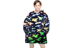 REXEO Wearable Blanket Hoodie for Kids Fleece Sweatshirt Blanket Dinosaur Gifts for Boys Girls Flannel Hooded Blanket with Pocket and Sleeves for Kids