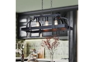 WUZUPS 3-Light Metal Pot Hanging Rack Chandelier Linear Pendant Ceiling Lighting Rustic Farmhouse Fixture Kitchen Island Dining Room, H 9.8" L 24.8" W11.8, E26 Base, Black