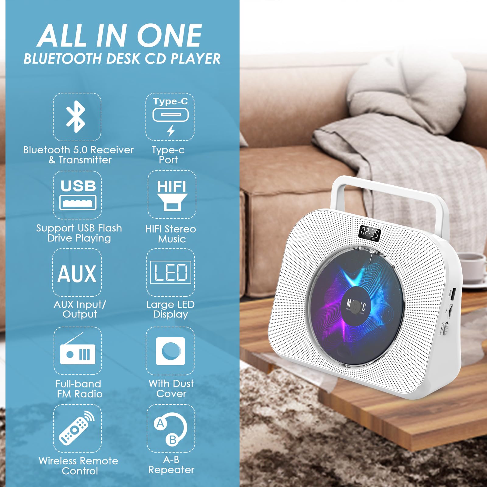 Gueray CD Players for Home Desktop CD Radio Player Speakers Portable CD Player with Bluetooth Timer Display Desktop Audio Boombox Support Sleep Music & Timer USB AUX TF Card Playback