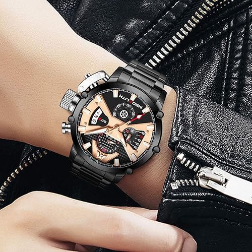MEGALITH Men's Watch 45mm Stainless Steel Chronograph Waterproof Fashion  Black Watch Analog Quartz Date Heavy