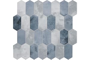The Tiles Plaza 10-Sheet Peel and Stick Backsplash, 12" x 11.5" Blue Cement Long Hexagon Self-Adhesive Wall Tile, Stone Compo
