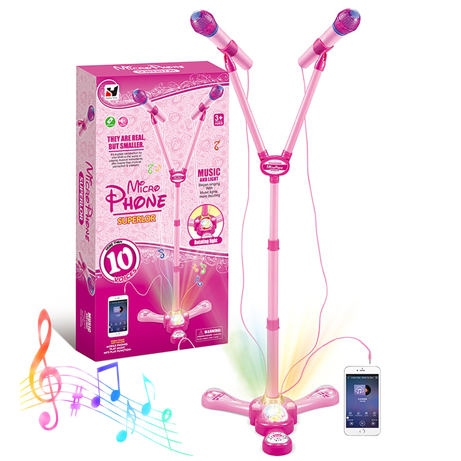 Kids Microphone and Stand,Double Head Kids Karaoke Machine with Stand With External Music Function & Flashing Lights Toy for Kids Children Girls（Pink）