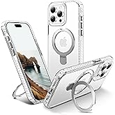 UMIONE for iPhone 15 Pro Magnetic case with Stand and Finger Ring, Compatible with magsafe, Shockproof Transparent Hard Plate, Full Body case, Universal for Boys and Girls 6.1 - White