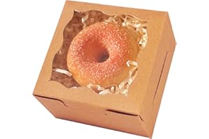 qiqee Brown Bakery Box with Window 4x4x2.5 inch 30Packs Macaron Boxes Small Donut Pastry Boxes for Party Mini Cookie Boxes