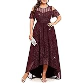 ZOMVA Plus Size Sparkly Mesh Maxi Dress Cold Shoulder Ruffle Sleeve High Low A Line Dresses Wedding Guest Cocktail Party