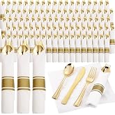 Supernal 120 Pack Gold Plastic Silverware Wrapped Cutlery Set with Napkin | Heavy Duty Pre Rolled Disposable Gold Utensils Wrapped Flatware Cutlery Set for Wedding, Party &amp; Catering