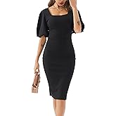 Womens Work Dresses Square Neck Lantern Sleeve Bodycon Cocktail Midi Dress