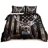 HOSIMA Deer Hunting Bedding Sets,Deer and American Flag Duvet Cover for Hunter Bedroom Decor with 2 Pillowcases Camouflage Bedding Sets for Adult Teen boy Bedding.