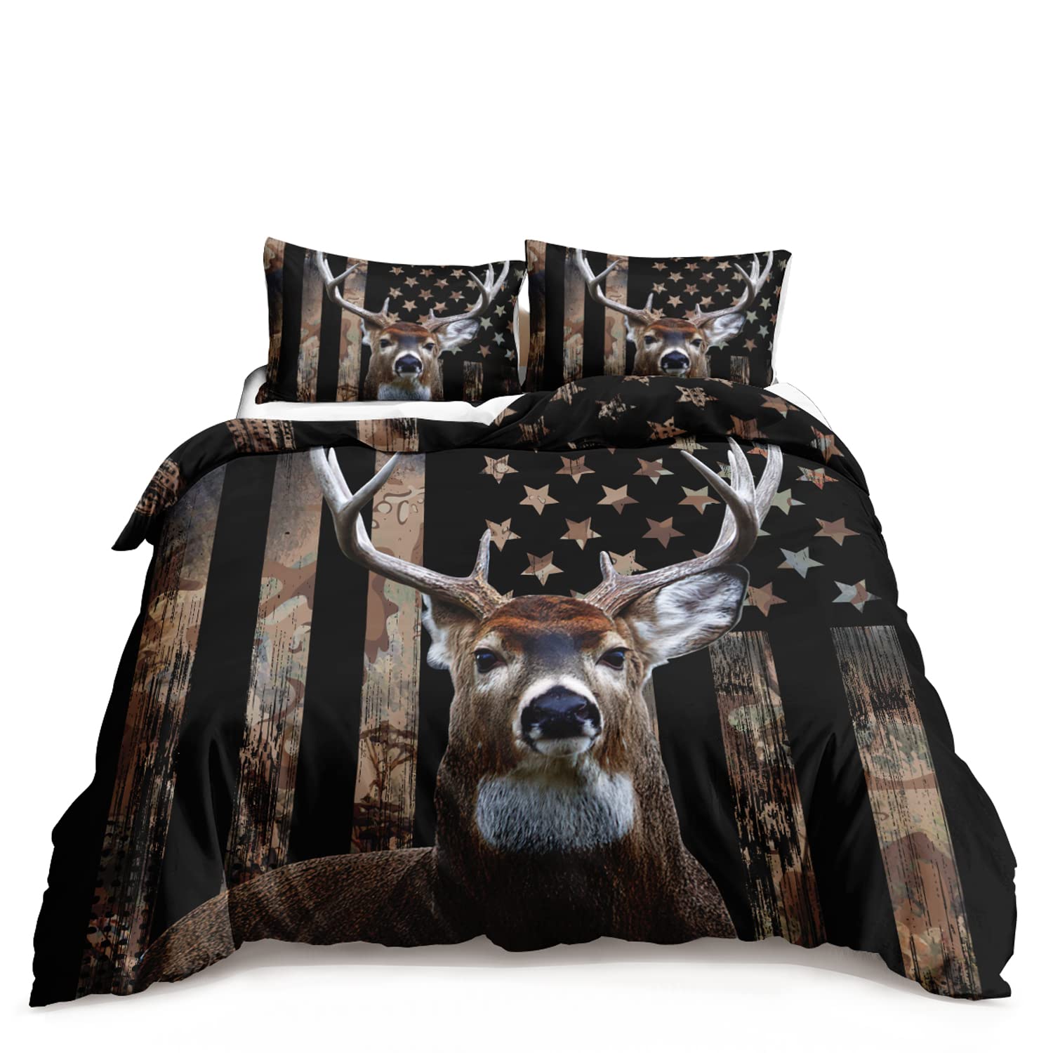Photo 1 of HOSIMA Deer Hunting Bedding Sets,Deer and American Flag Duvet Cover for Hunter Bedroom Decor with 2 Pillowcases Camouflage Bedding Sets for Adult Teen boy Bedding.