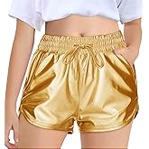 Haloumoning Girls Metallic Shorts Sparkly Dance Outfits Elastic Drawstring Shiny Hot Short Pants 5-14 Years
