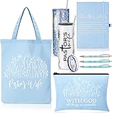 Sieral 7 Pcs Pastor Wife Appreciation Gifts Set 20 oz Straight Stainless Steel Straw Drinking Jar Canvas Tote Bag Cosmetic Bag A5 Journal Ballpoint Pen Christian Faith Religious Gift for Women(Blue)