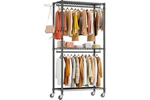 HYSEYY Clothing Racks for Hanging Clothes Load 420 LBS, Heavy Duty Clothes Garment Rack, Rolling Clothes Wardrobe Closet Rack, Metal Freestanding Clothing Rack with Shelves & Wheels, Black
