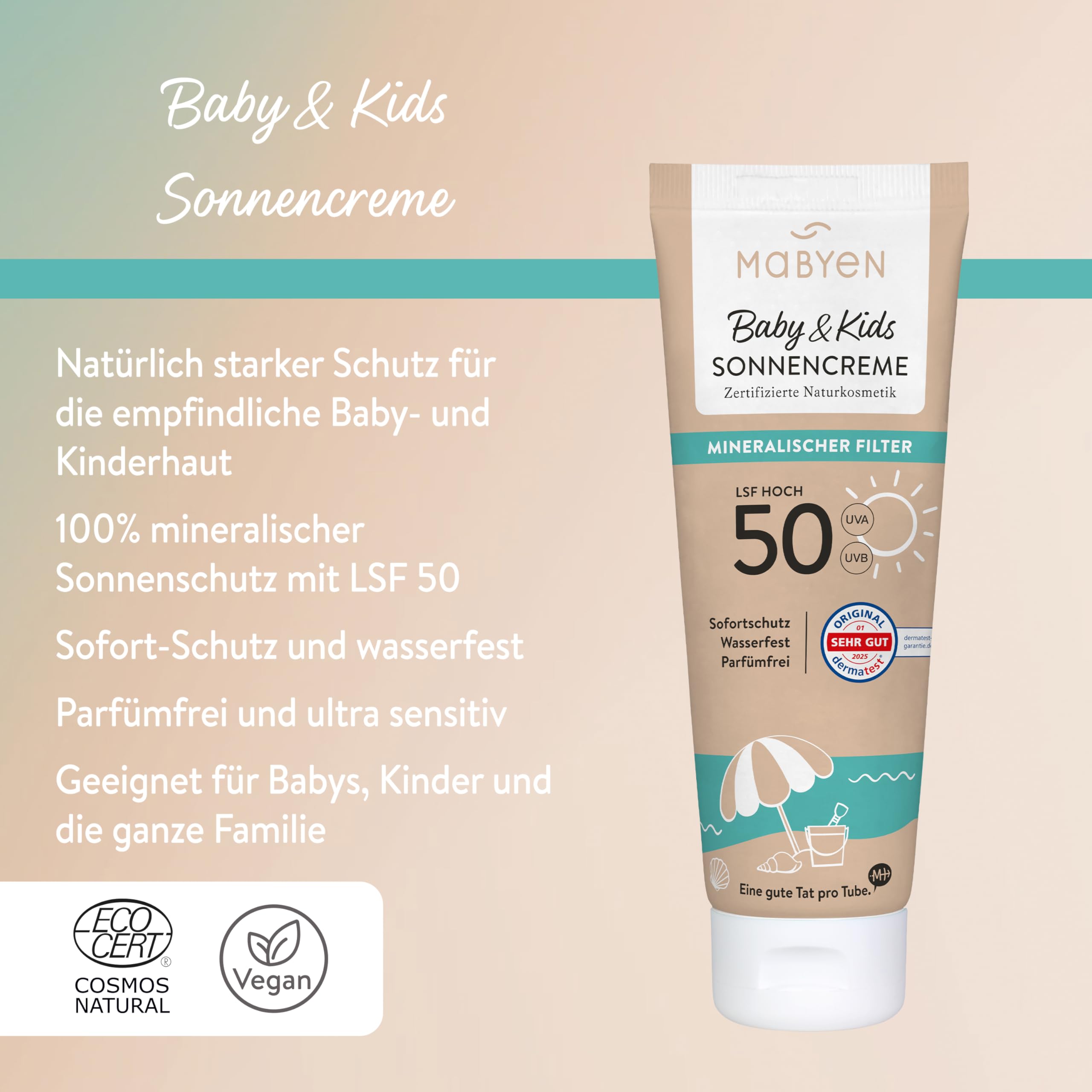 MABYEN 100% Mineralische Sonnencreme Baby & Kids LSF 50, 100ml – UVA/UVB-Filter, Kein Weißeln, Sofort-Schutz ohne Einwirkzeit – wasserfest, parfümfreie Naturkosmetik, vegan 3