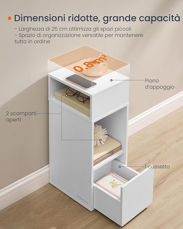Comodino Sottile, Snapsemble Montaggio Rapido, Tavolino con 2 Scomparti Aperti e 1 Cassetto, per Camera da Letto, 30 x 25 x 59,4 cm, Bianco Neve LET911WE01
