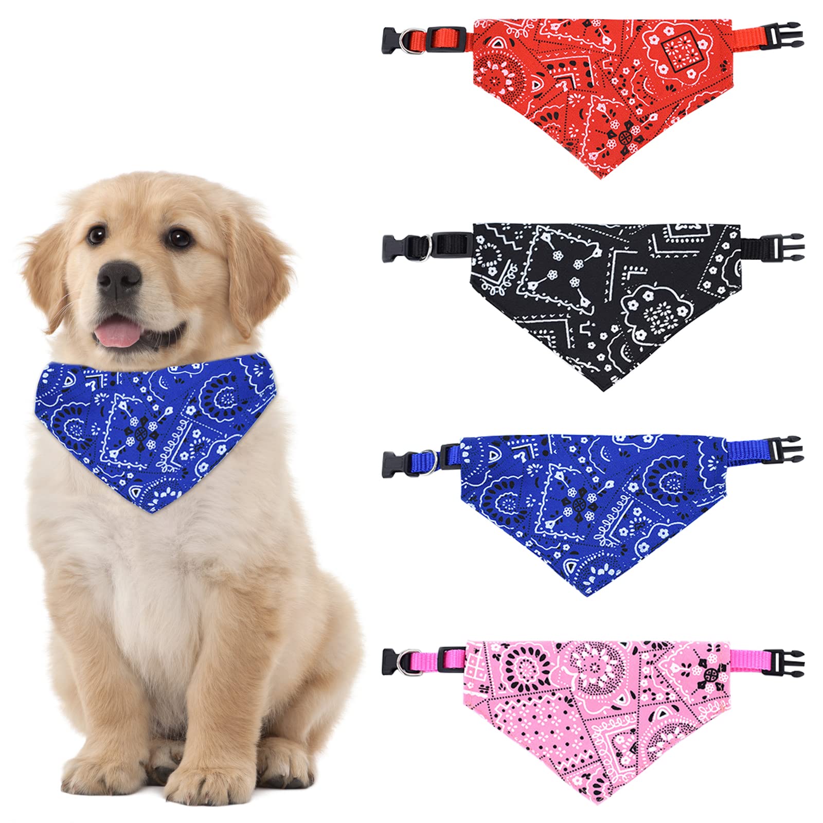HACRAHO 4 Pcs Dog Bandana Collar, Small, Black, Red, Blue, Pink, Polyester, Nylon, Adjustable, Quick Release Buckle, Small Dogs, Cats, Pet Accessory, Bandana