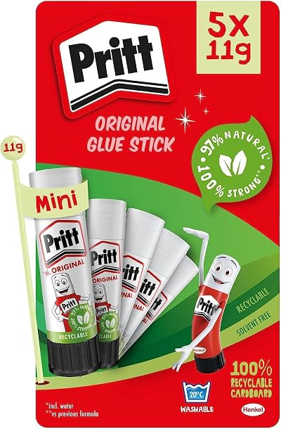 Pritt Glue Stick 5x11g Safe Child-Friendly Craft Adhesive - 97% Natural