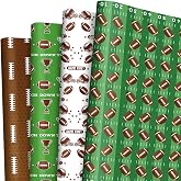 Pineraap 12 Sheets Football Wrapping Paper, Rugby Sports Gift Wrap Paper Bulk Brown Green Art Paper Folded Flat for Boys Birthday Party Holiday DIY Crafts, 19.7 x 27.6 Inch
