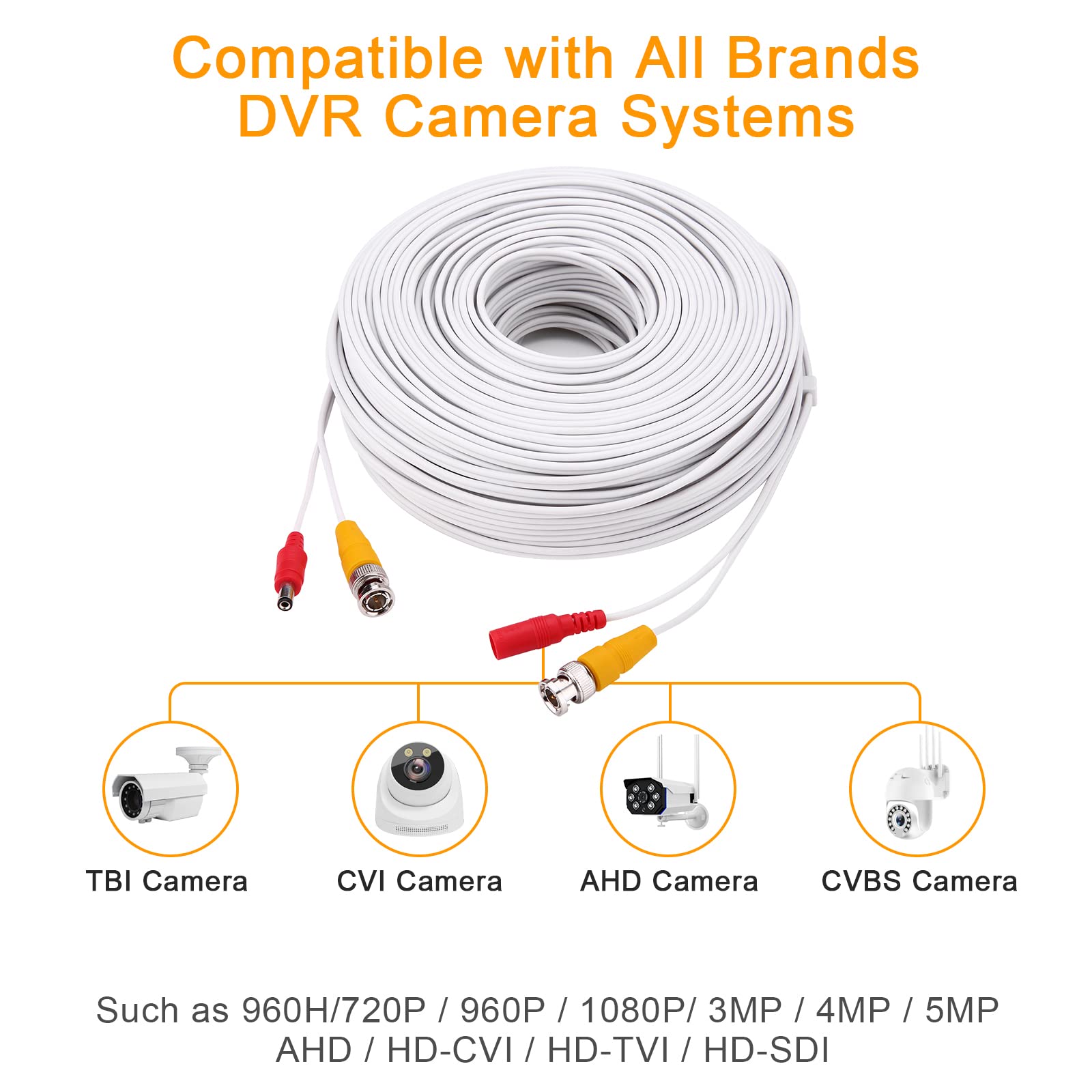 BNC Cable,2x200ft All-in-One Siamese Video and Power Security Camera Cable Wire, BNC Extension Cable with 2 Female Connectors for All Max 5MP HD CCTV DVR Surveillance System (200ft 2PCS,White)