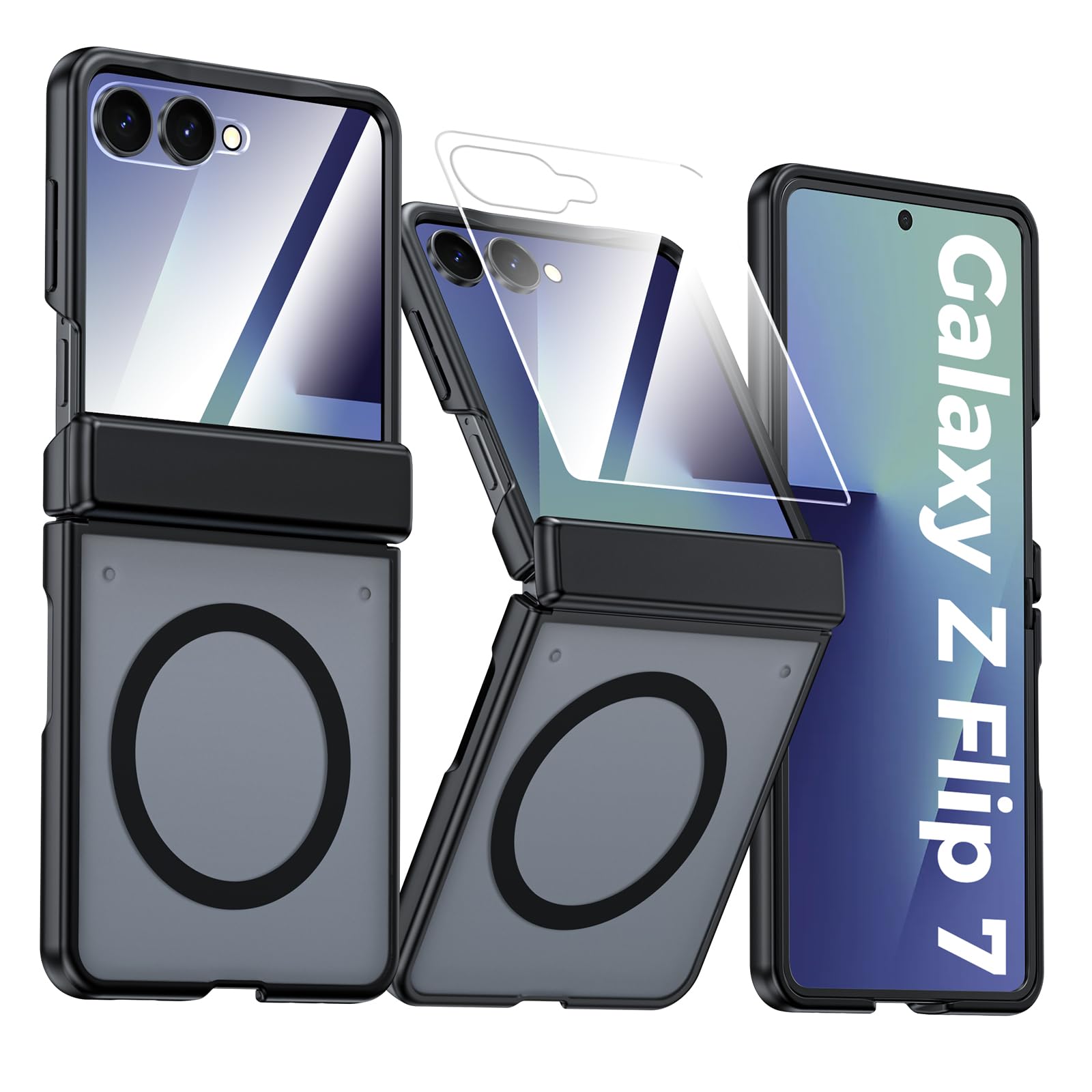 Photo 1 of Vizvera for Samsung Galaxy Z Flip 7 Case with Magnetic Power [Slim Design][Screen Protector][Hinge Protection] Translucent Matte Shockproof Protective Phone Case for Galaxy Z Flip 7(Magnetic Black)