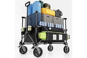 HOMBETTA Folding Wagon Cart Foldable with Wheels, Adjustable Decker 150L-300L Capacity, All-Terrain Wheels & Brake, 450LBS Heavy Duty Collapsible Wagon for Beach, Camping, Outdoor