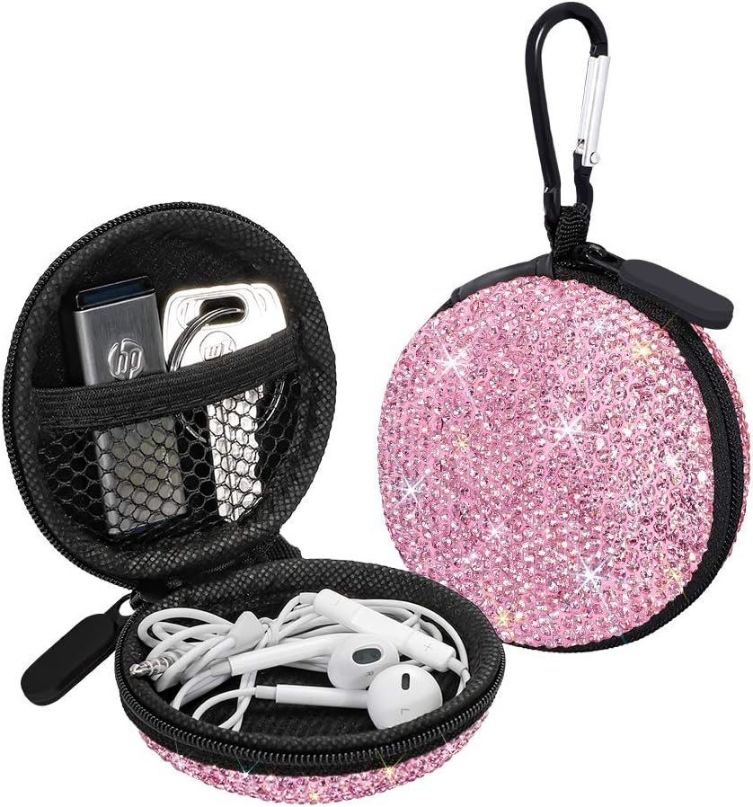 SAVORI Carrying Headphone Case Bag Small Earbud Case Bling Rhinestone Crystal Mini Portable Earphone Storage Bag Pouch for Earset & Mini Items with Carabiner (Pink)